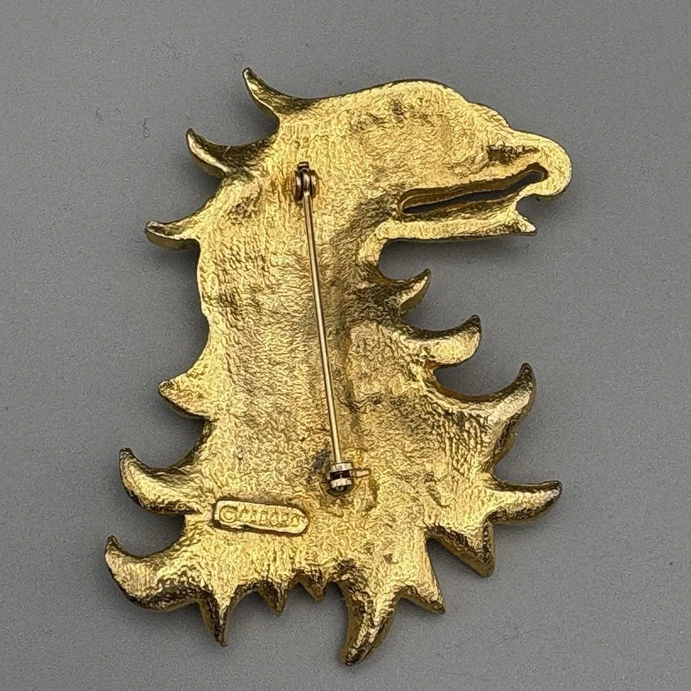 RARE Cadoro Brooch Griffin Winged Lion Rhinestone Heraldic 24K Gold Plate